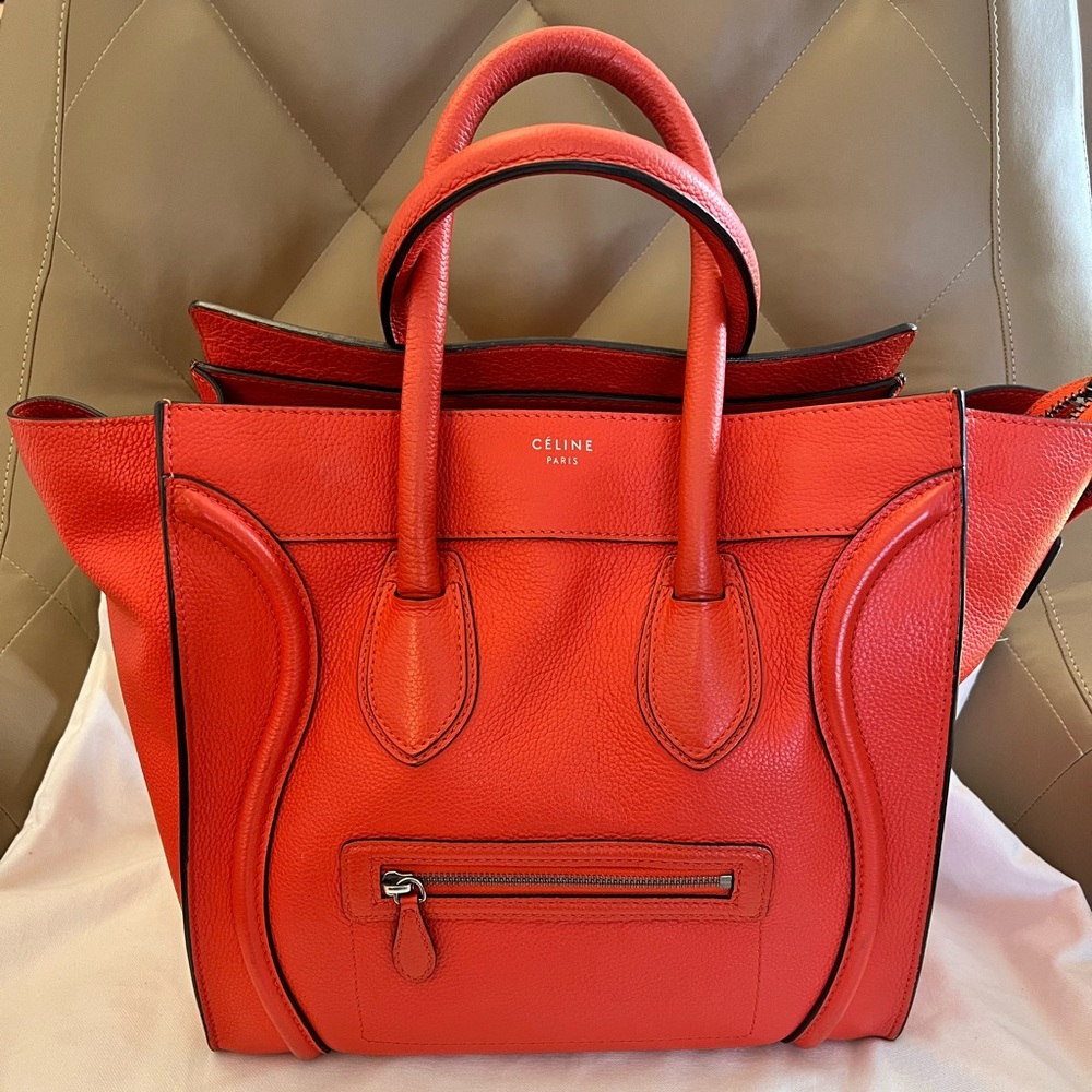 CELINE MINI LUGGAGE Grainy Calfskin Handbag - Orange-Red